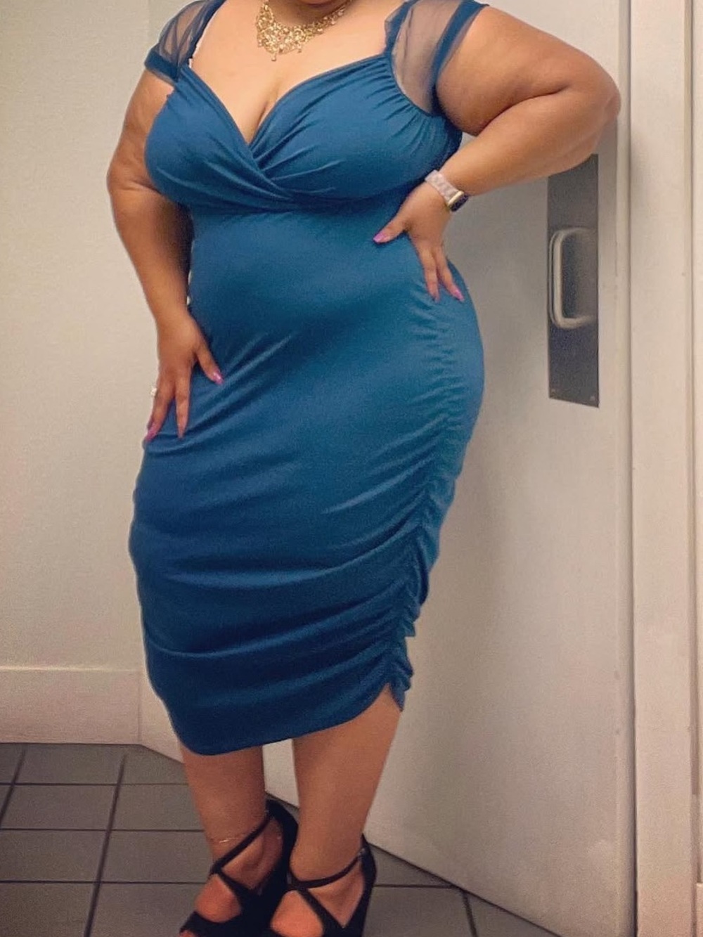 Shein Elegant Teal Ruched Bodycon Dress with Sheer Cap Sleeves - Picture 1 of 3